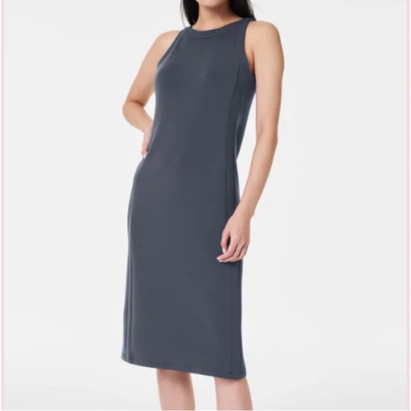 SPANX Air Essentials Tank Midi Dress Dark Storm Grey Size XL Side Stripe New - Picture 1 of 13